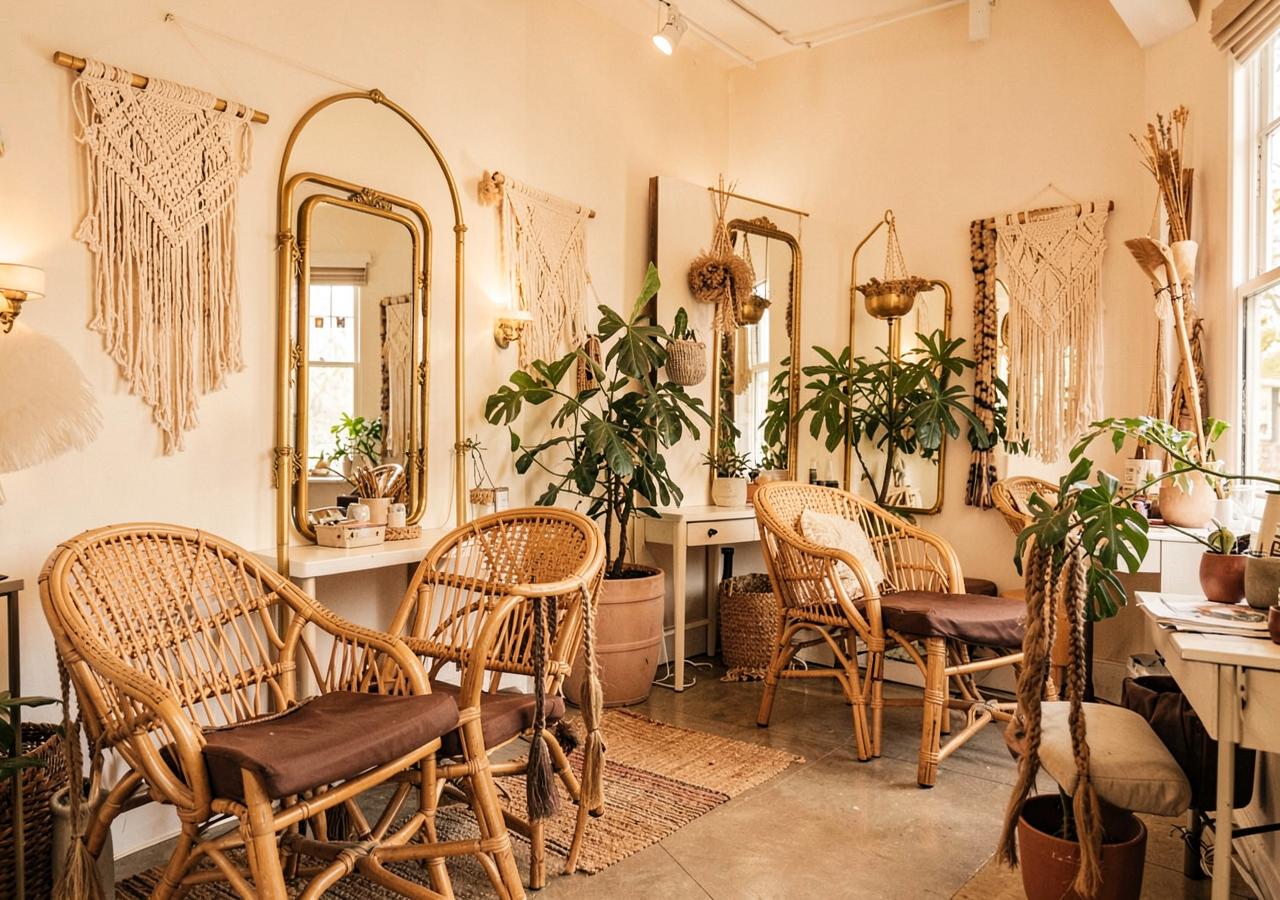 Warm boho braiding studio interior with rattan chairs, brass mirrors, macrame wall hangings, and plants