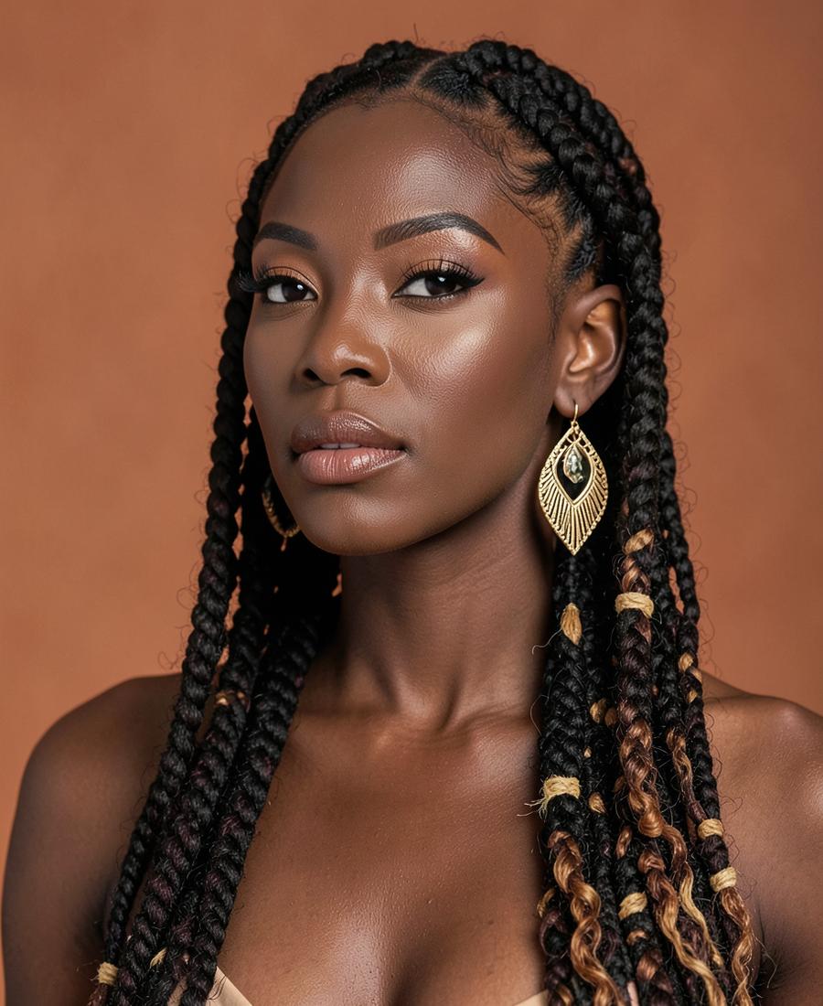 Woman with long goddess braids with wavy tendrils and gold earrings