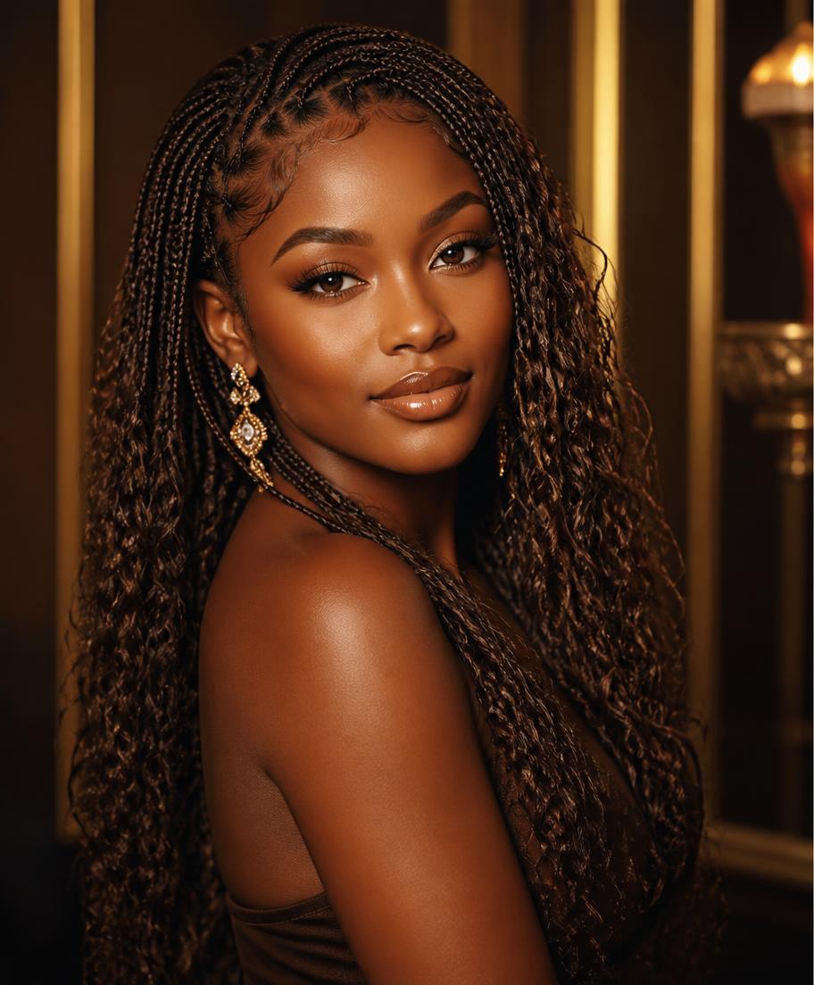 Woman wearing small boho braids with added curly extensions
