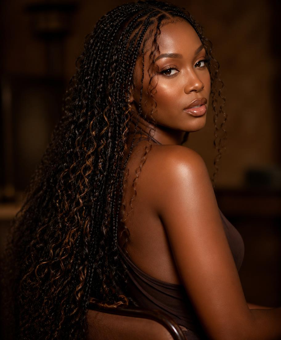 Woman wearing medium boho braids styled with gold cuffs