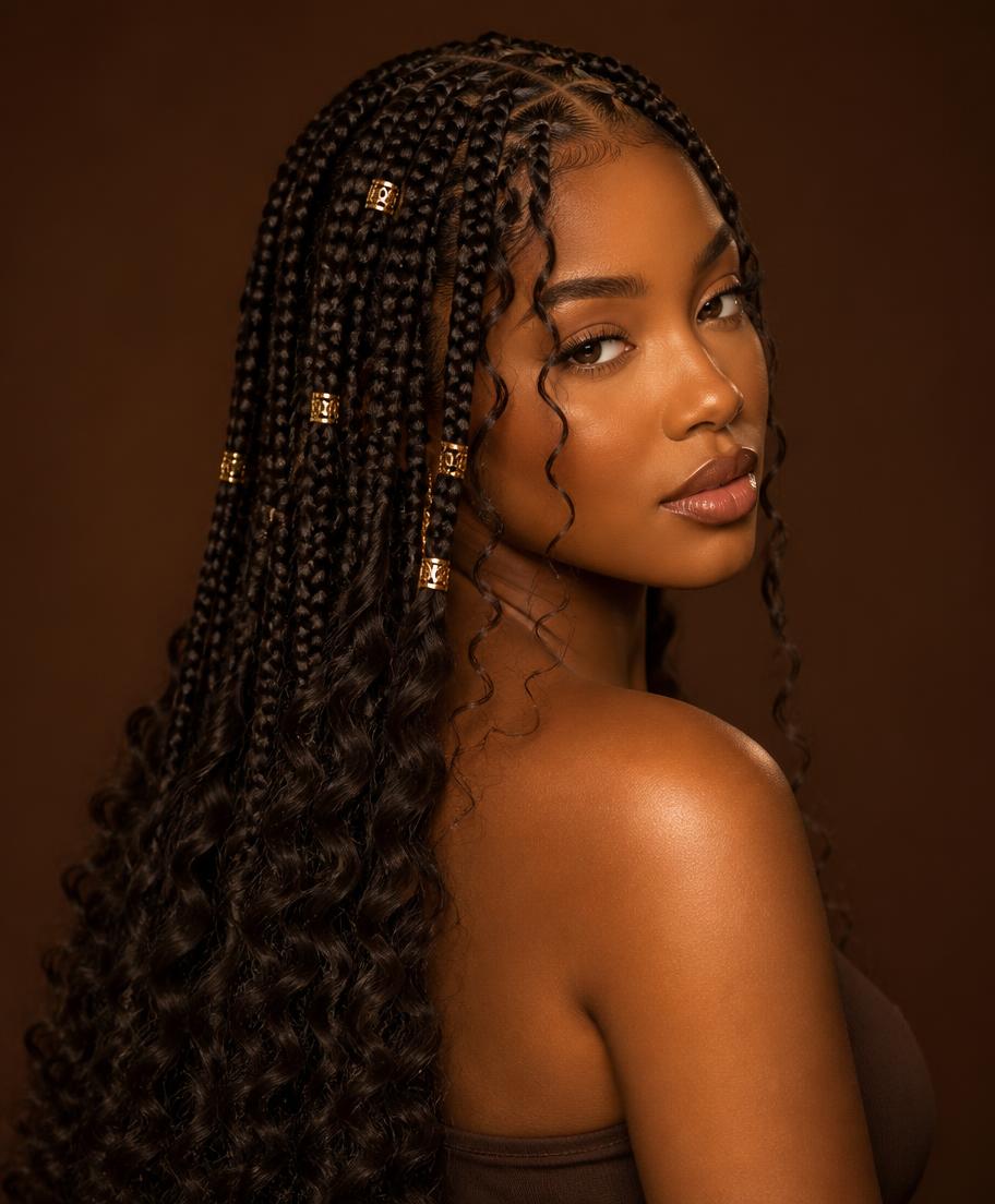 Woman with goddess braids featuring soft curly ends and gold cuffs